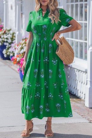Split Neck Shirred High Waist Ruffle Maxi Dress