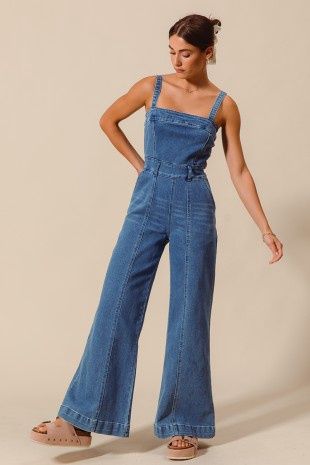 Front Cut Exposed Seam Washed Denim Jumpsuit