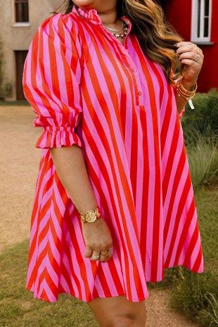 Frilled Collar Button Neck Short Sleeve Curvy Mini Dress