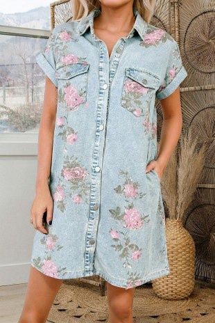 Denim Floral Print Cuffed Short Sleeve Button Down Dress
