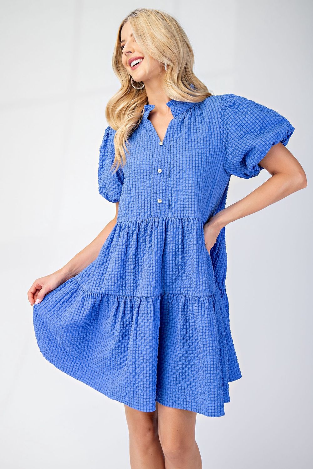 Seersucker Puff Sleeve Mini Dress