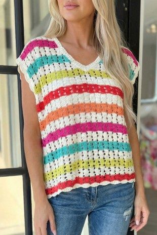 Multicolour Striped Eyelet Knit V Neck Sweater Tee