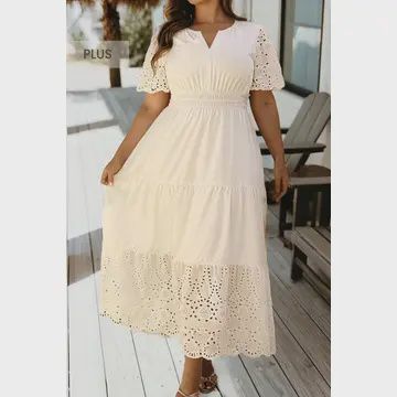 Plus V Neck Lacy Patchwork Short Sleeve Maxi Dress