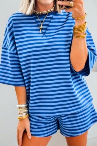 Striped Short Sleeve Top And Shorts 2pcs Lounge Set