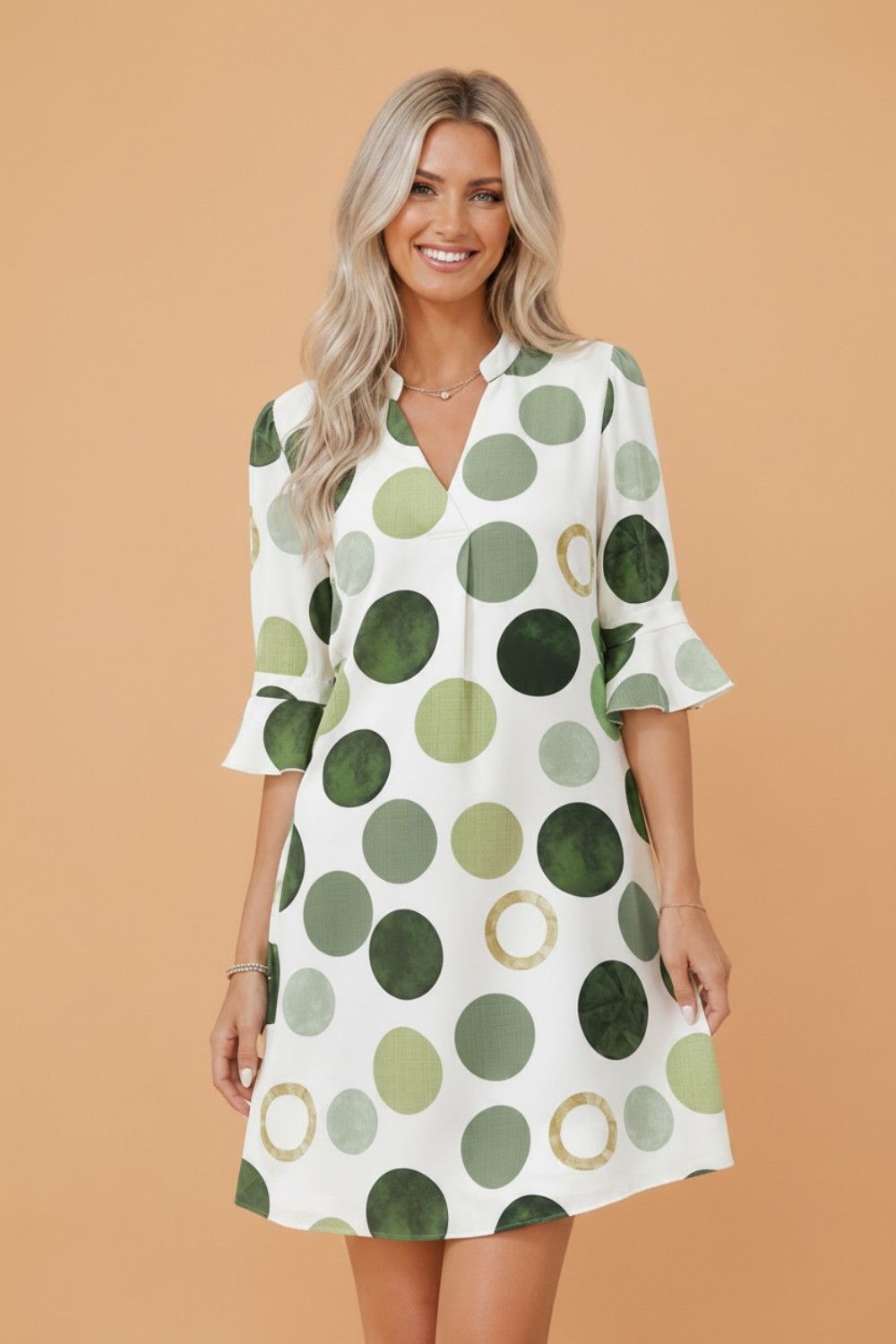 Polka Dot Flounced 3/4 Sleeve Mini Dress