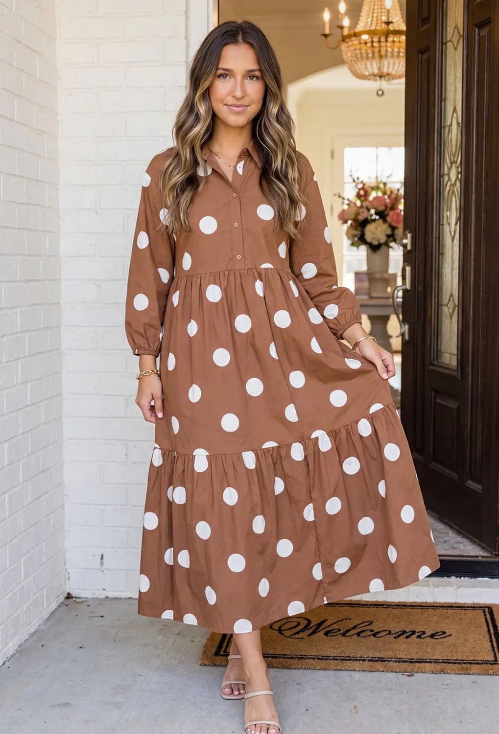 Polka Dot Button Front Midi Dress