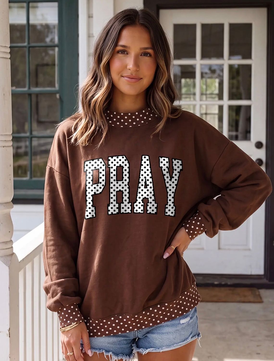 Polka Dot PRAY Mock Neck Sweatshirt