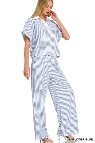Striped Split Neck Collared Top &amp; Pants Set