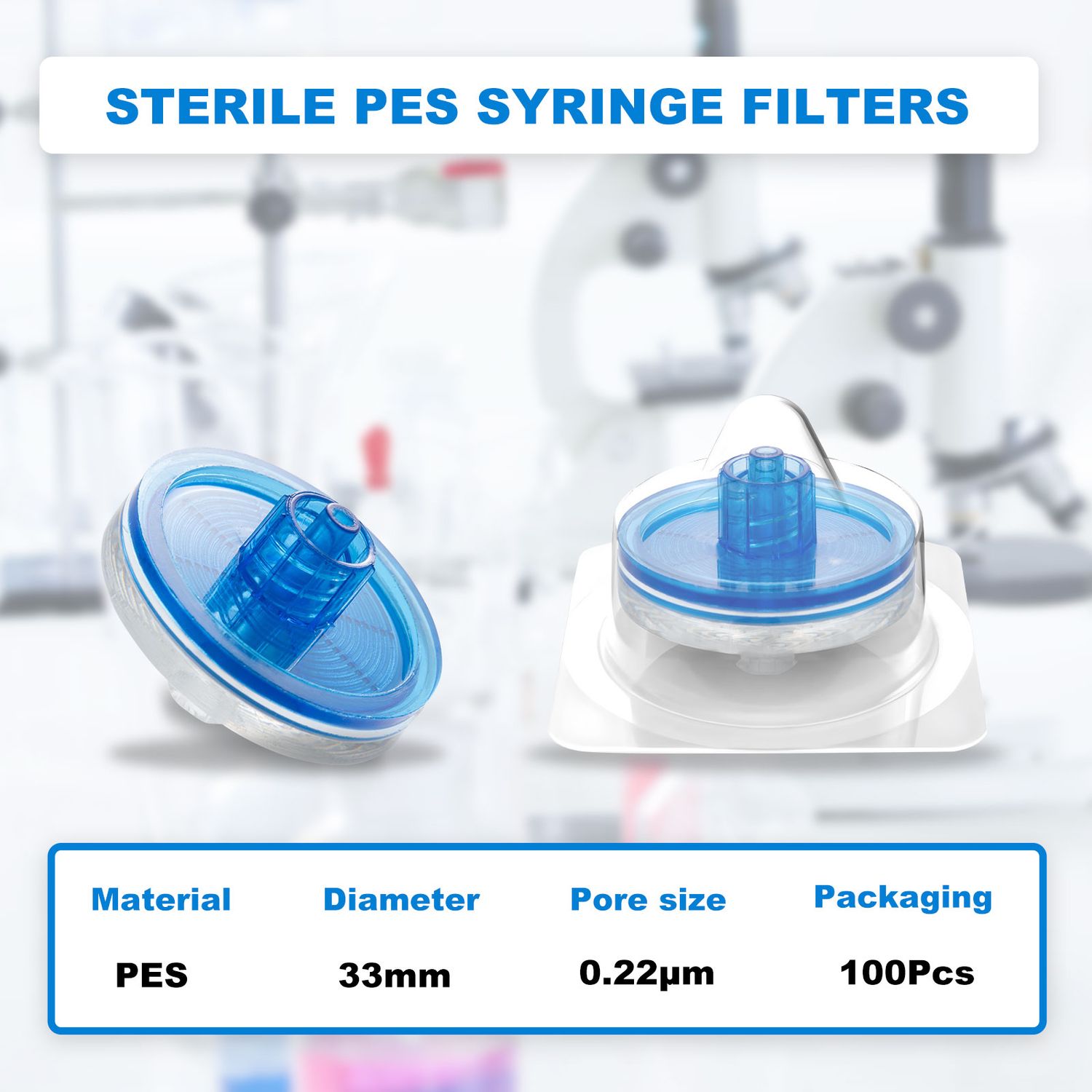 Sterile Syringe Filter-PES, 33mm Diameter (Double Luer Lock), Case of 400, Pore Size: 0.22um