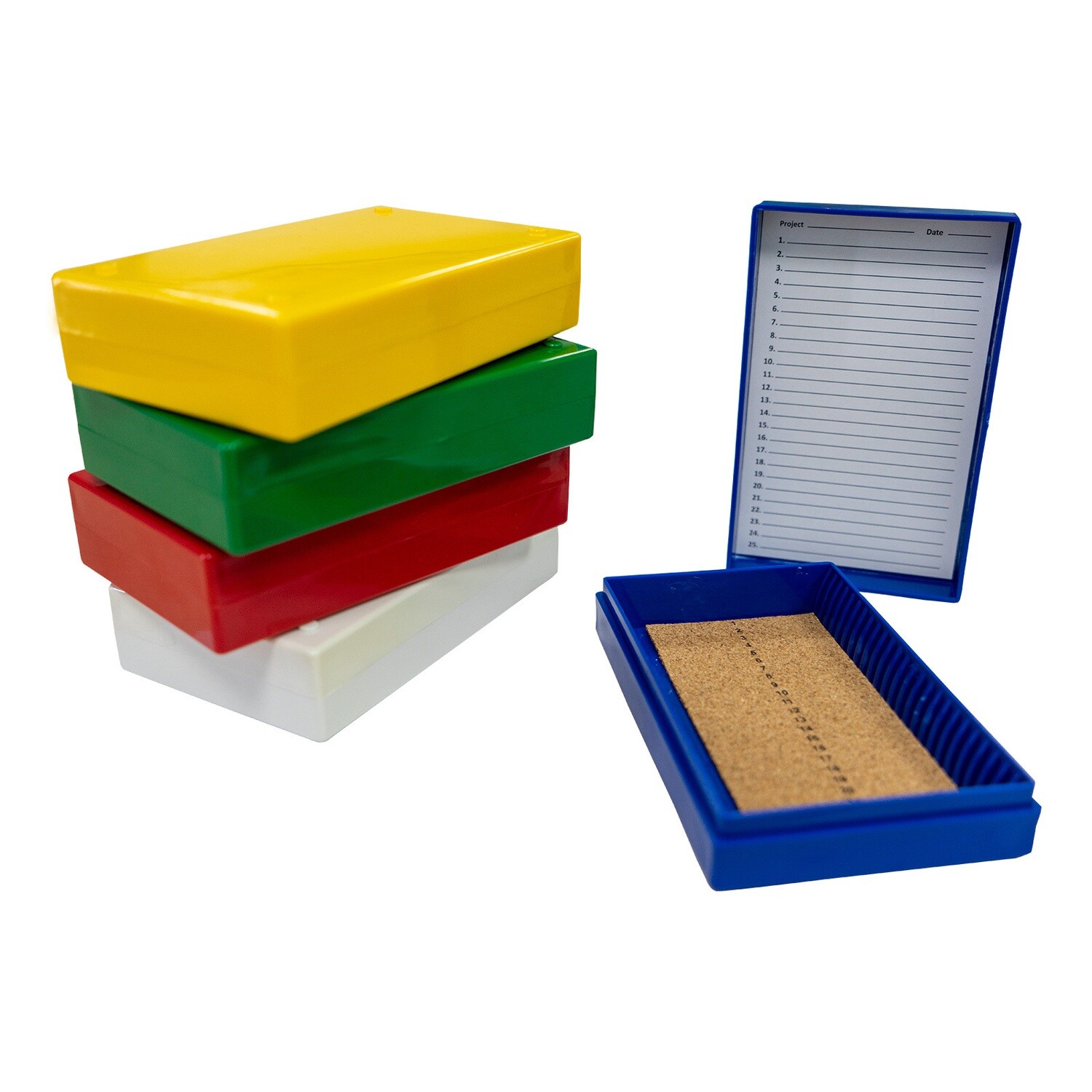Cajas de almacenamiento para 25 portaobjetos (revestimiento de corcho), colores surtidos, 5 unidades/paquete, 4 paquetes/caja