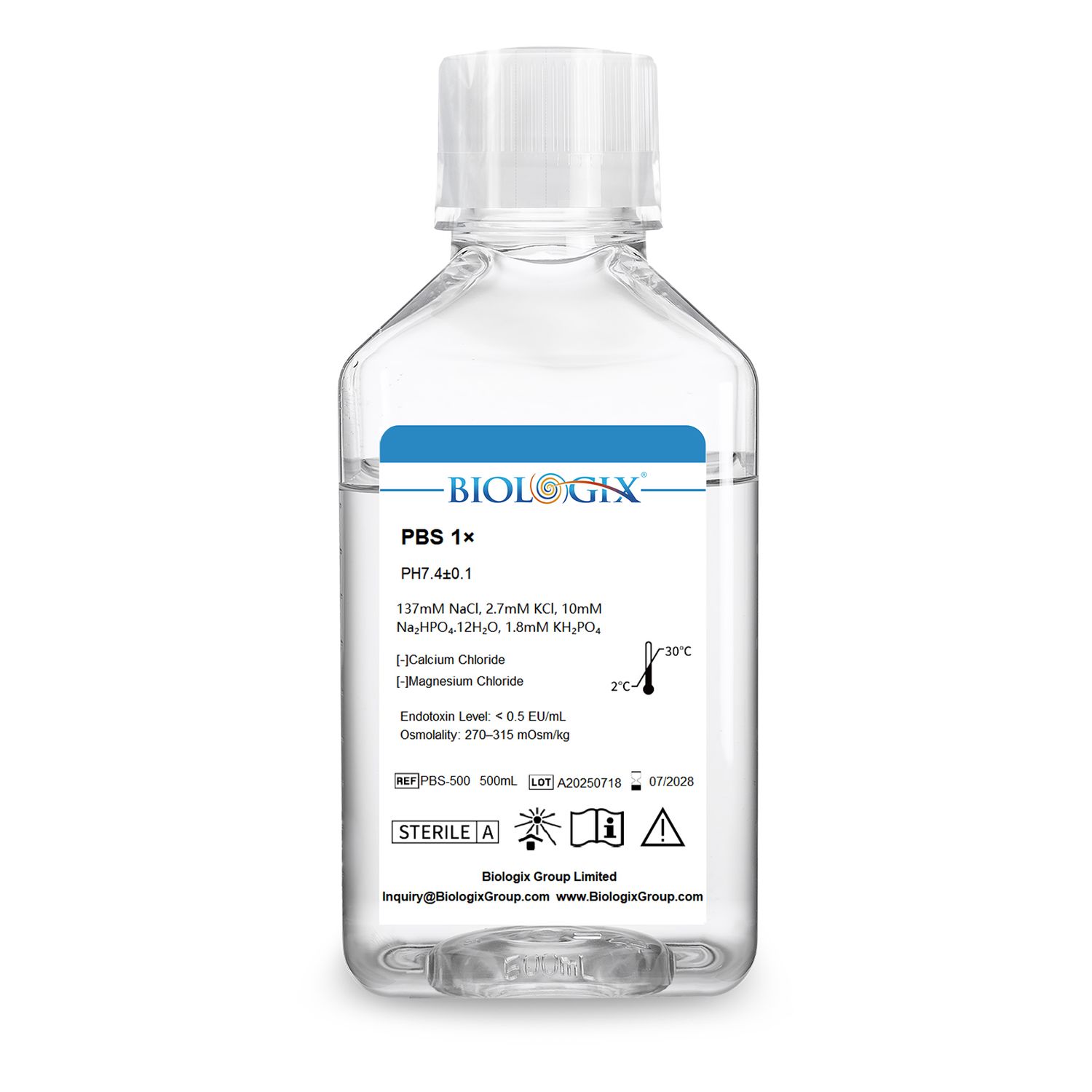 Biologix® PBS-Puffer (1×), pH 7,4, steril, endotoxinarm, 500 mL/Flasche, 10 Flaschen/Karton