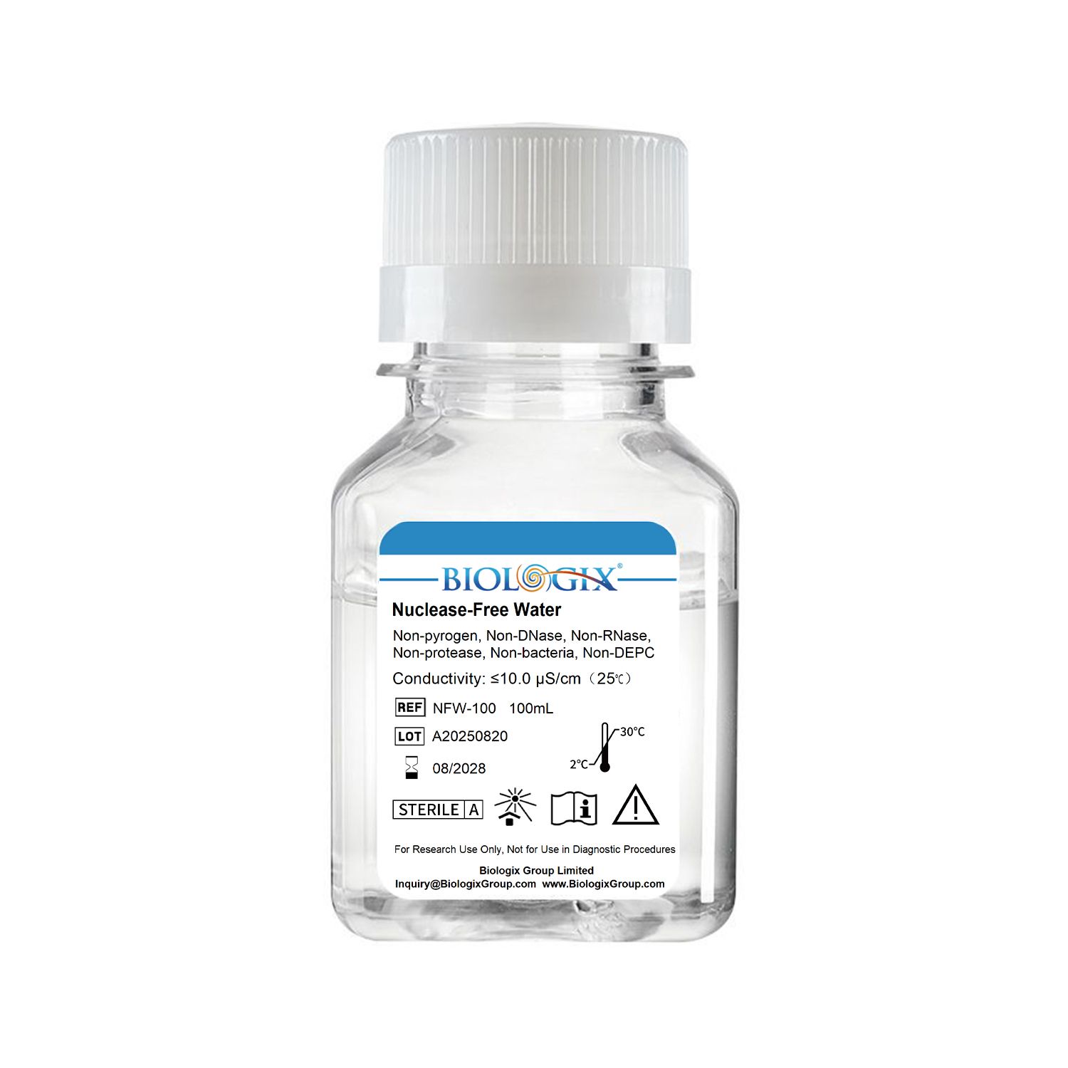 Biologix® Agua libre de nucleasas, 100 mL/botella, 20 botellas/caja