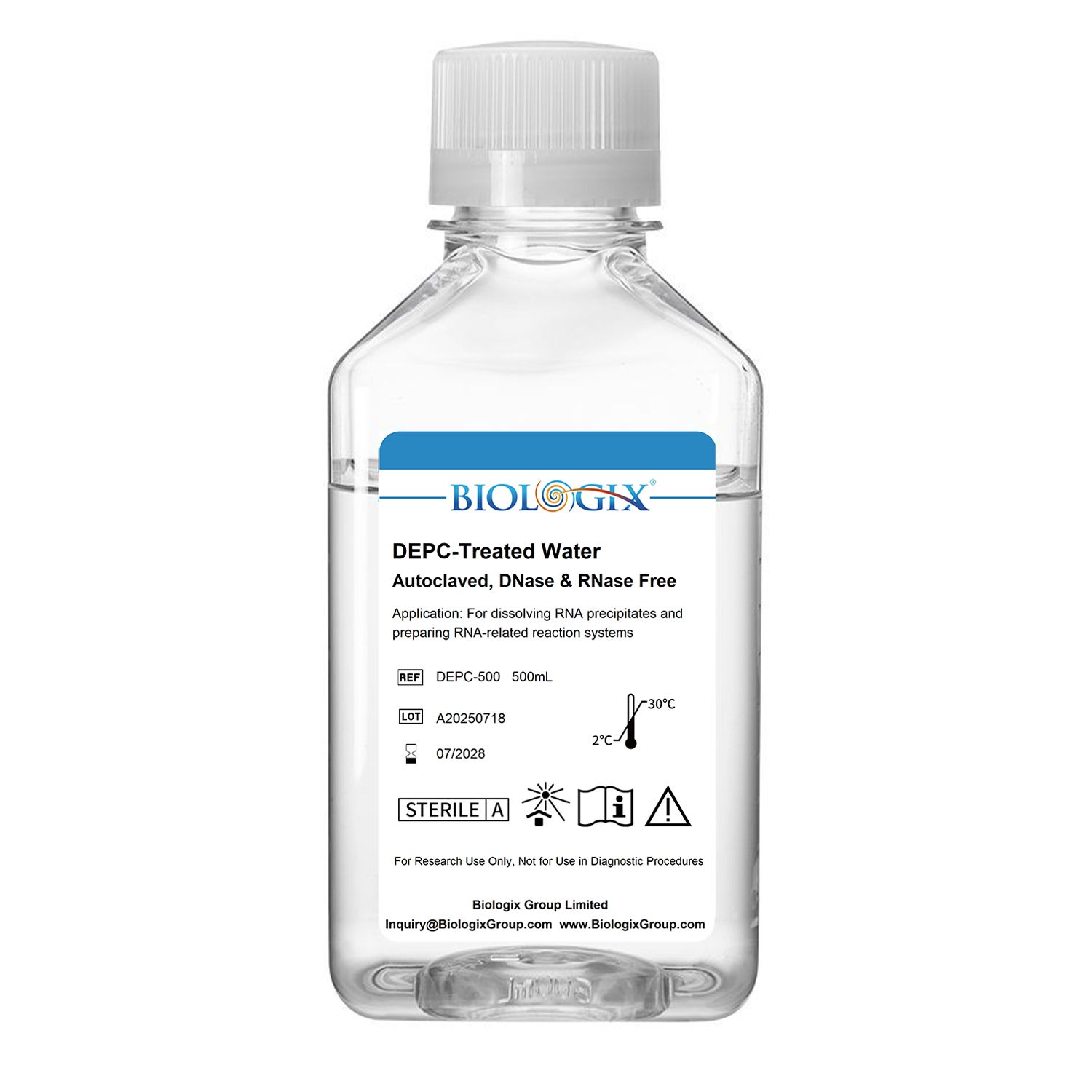 Eau traitée au DEPC Biologix® (sans DNase ni RNase), stérile, 500 mL/bouteille, 10 bouteilles/boîte