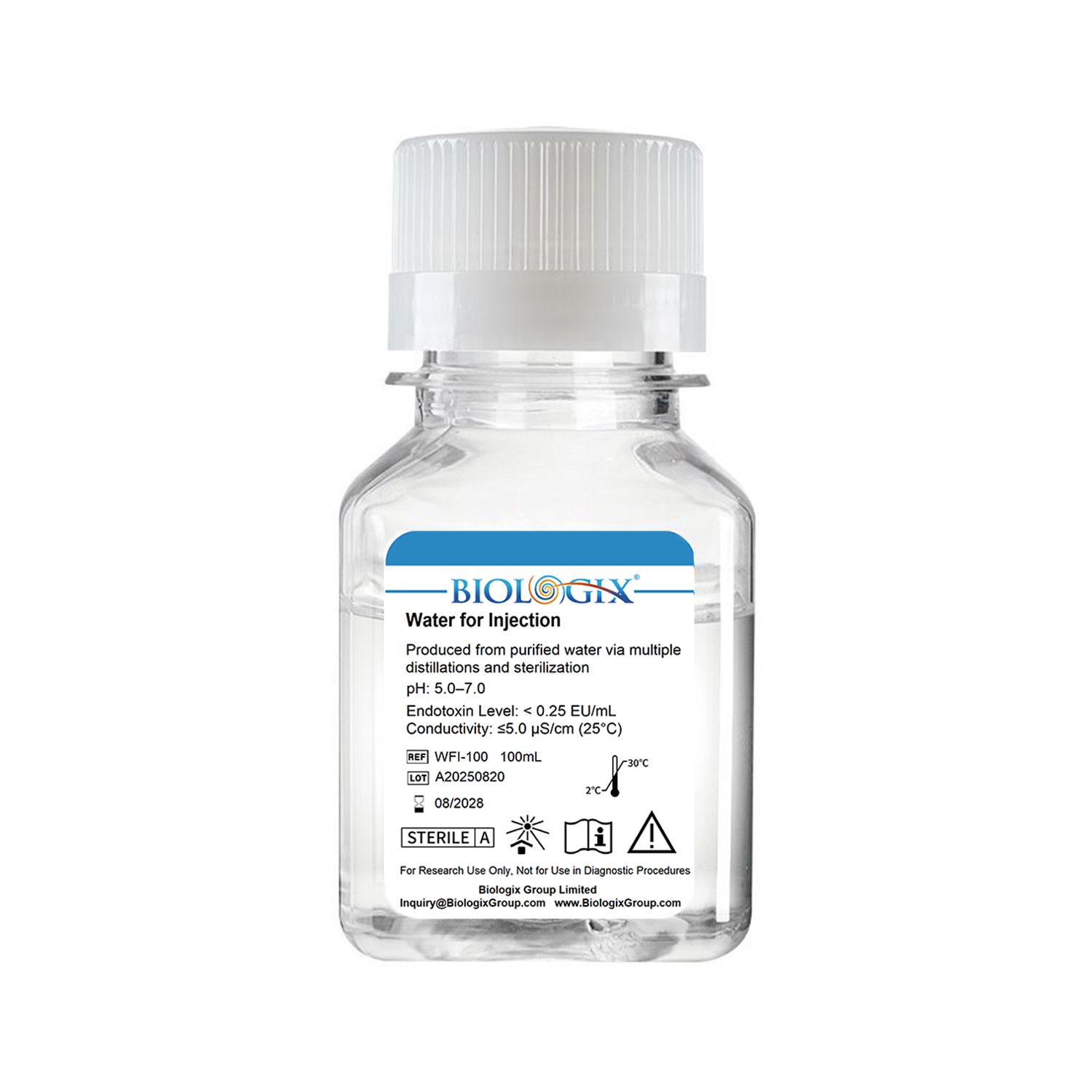Eau pour injection Biologix® (WFI), stérile, 100 ml/flacon, 20 flacons/carton
