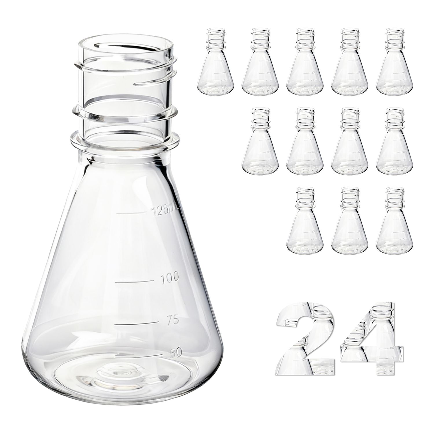 Biologix® 125ml Bacterial Culture Erlenmeyer Flasks, PC material, Flat bottom, 24 Pcs/Case