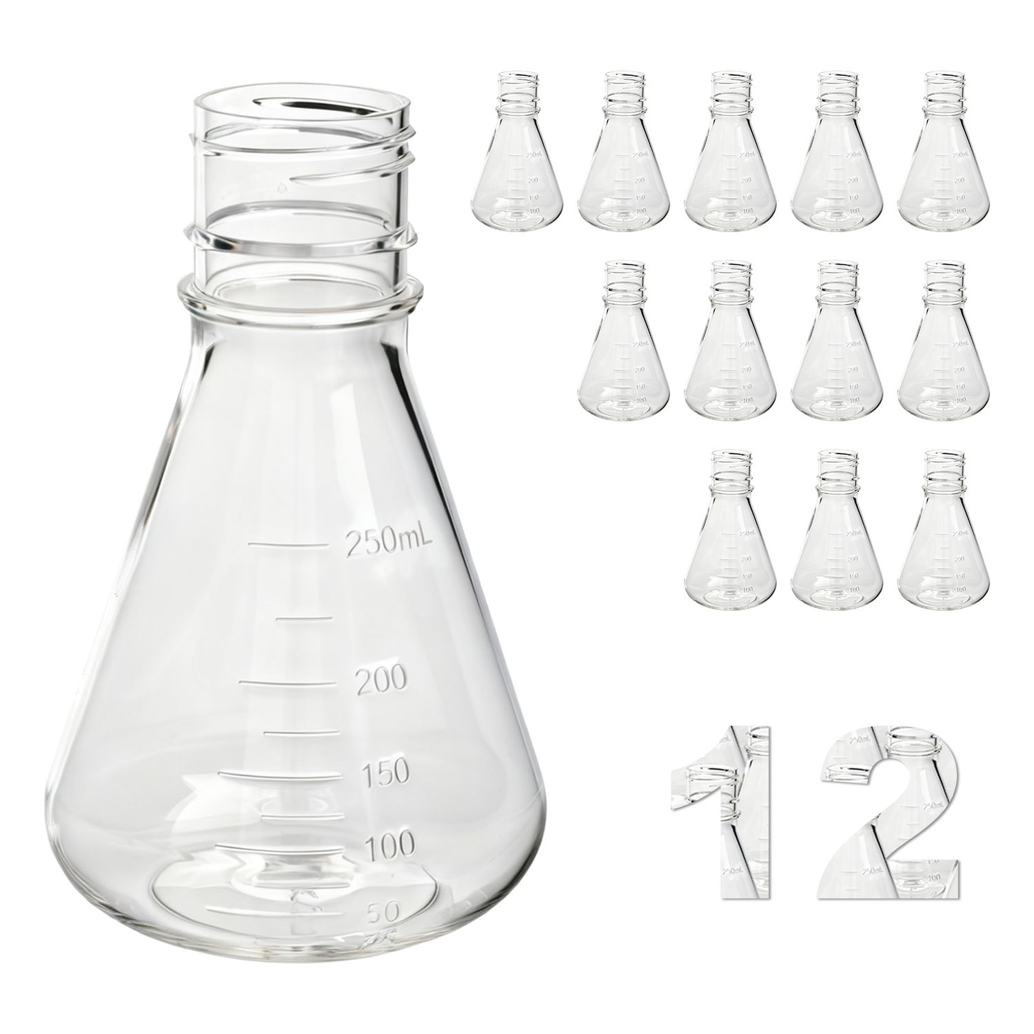 Frascos Erlenmeyer para cultivo bacteriano Biologix® 250 ml, material PC, fondo plano, 12 piezas/caja