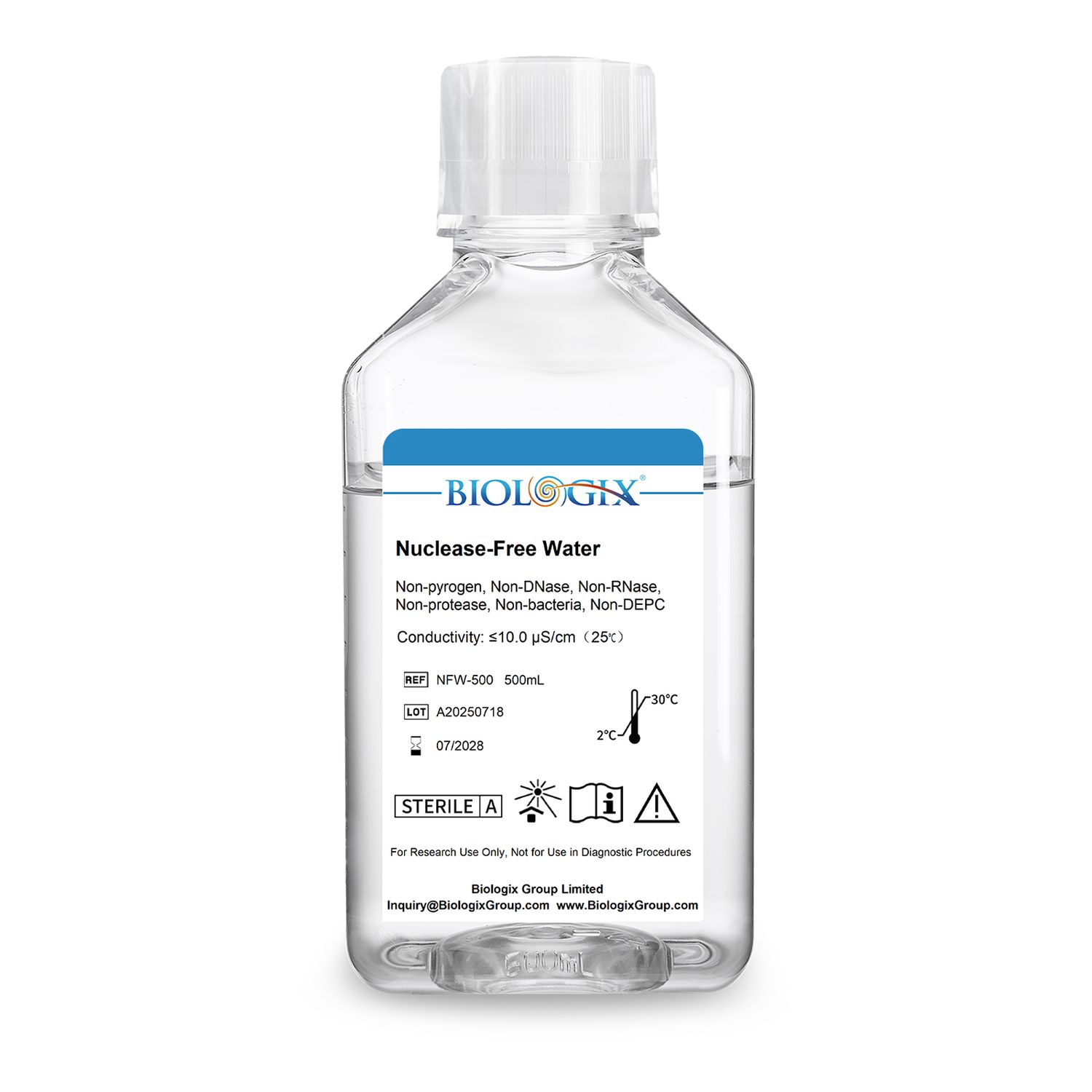 Biologix® Agua libre de nucleasas, 500 mL/botella, 10 botellas/caja