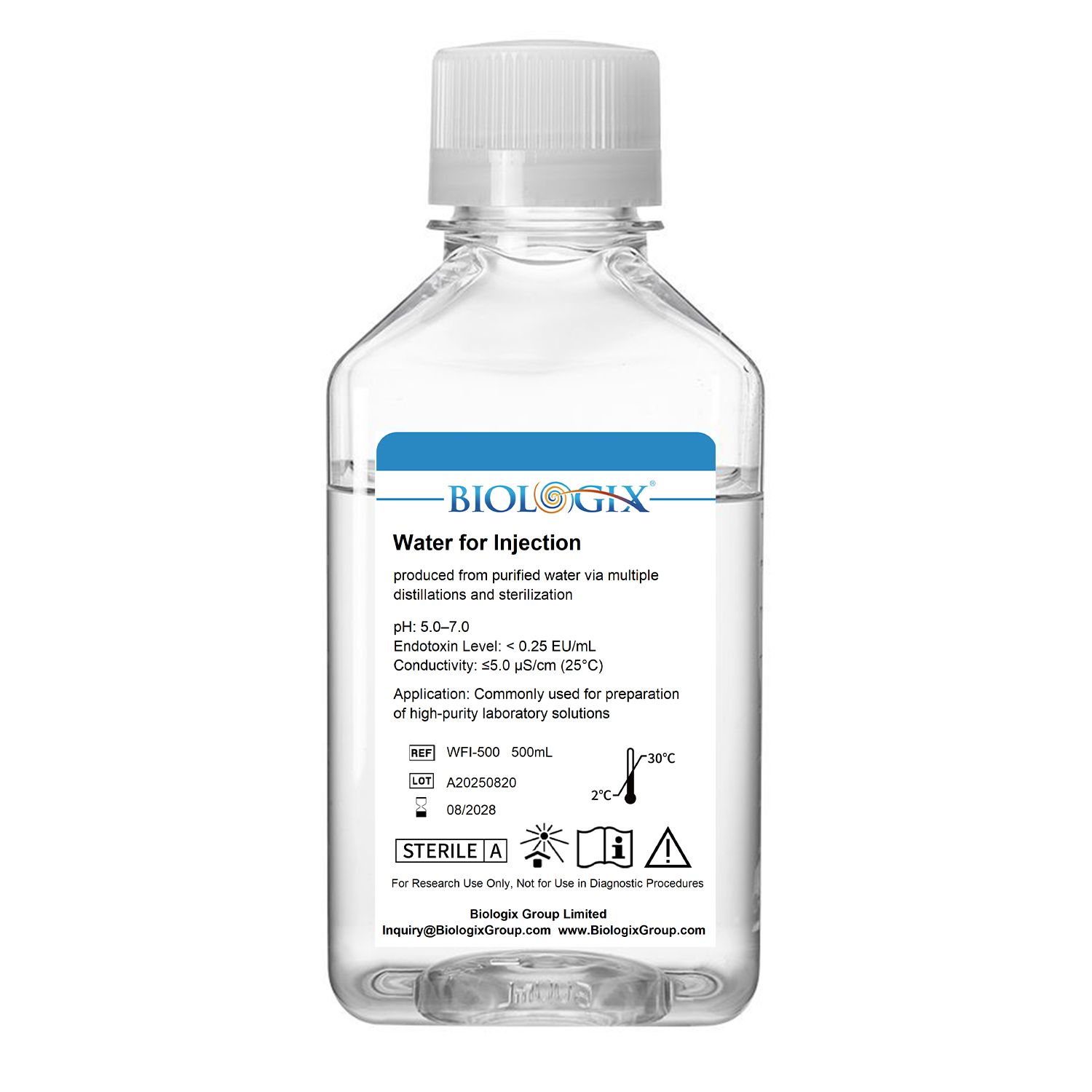 Eau pour culture cellulaire Biologix® (WFI), stérile, 500 ml/flacon, 10 flacons/carton