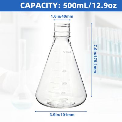 Biologix® 500ml Bacterial Culture Erlenmeyer Flasks, PC material, Flat bottom, 12 Pcs/Case
