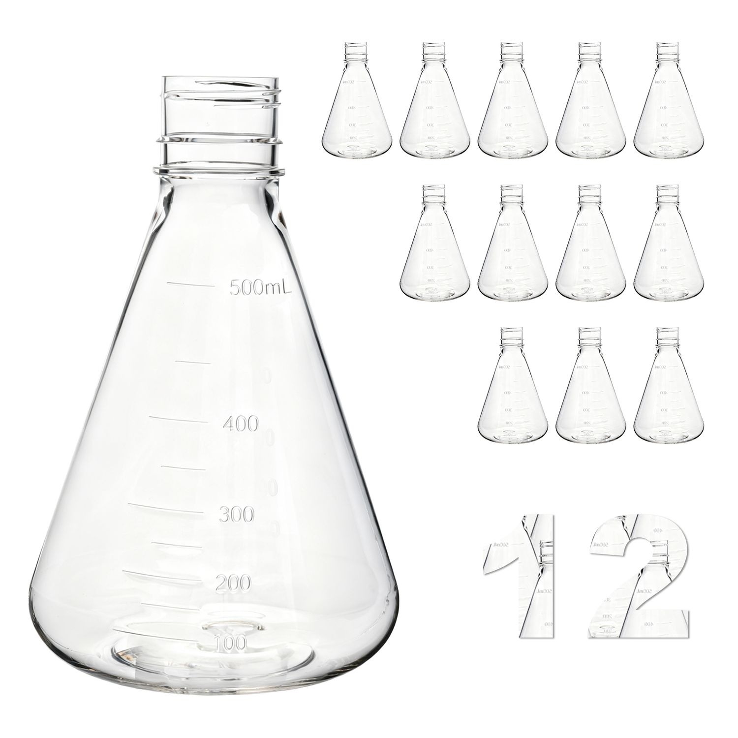 Biologix® 500 ml Erlenmeyerovy baňky pro bakteriální kultury, PC materiál, ploché dno, 12 ks/krabice