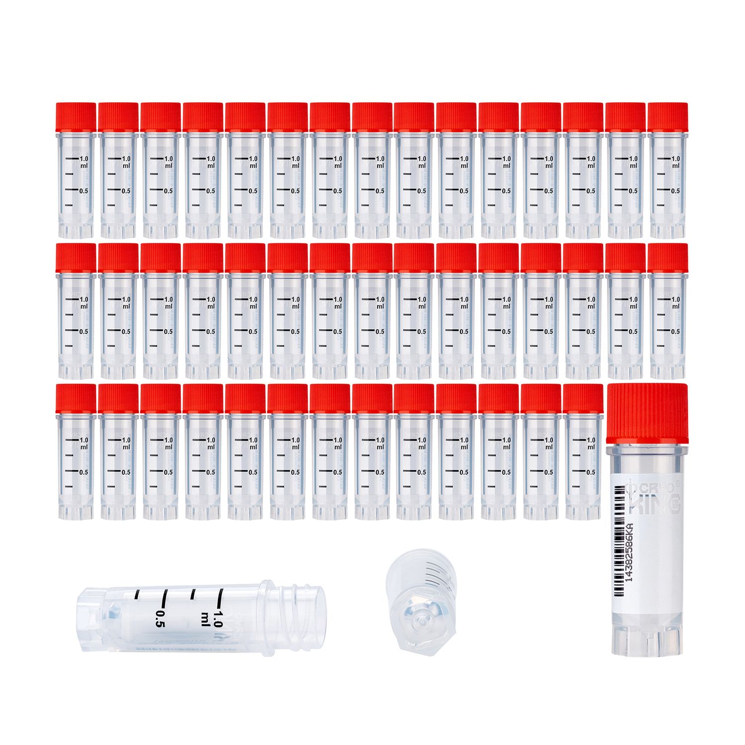 CryoKING® Cryogenic Vials with Side Bardcode-1.0 ml, External Thread, 25/Bag, 500/Pack, 1000/Case, Color: Red