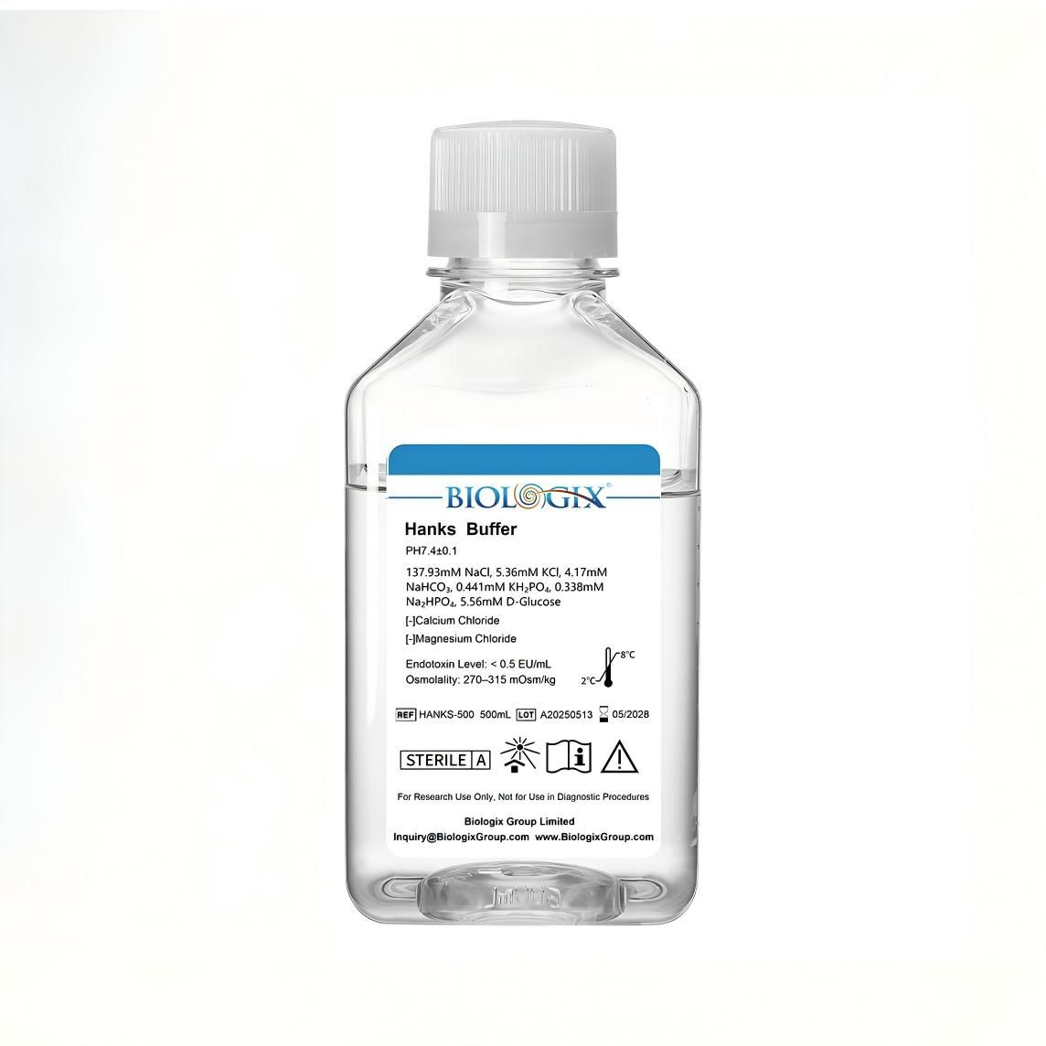 Biologix® Hanks Buffer (1×) (without Ca2+&amp;Mg2+), pH7.1-7.5, Sterile, 500mL/ Bottle, 10 Bottles/Case