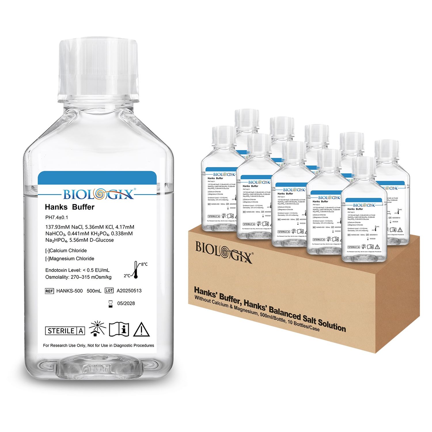 Tampone Hanks Biologix® (1×) (senza Ca²⁺ e Mg²⁺), pH 7,1–7,5, sterile, flacone da 500 mL, 10 flaconi/scatola