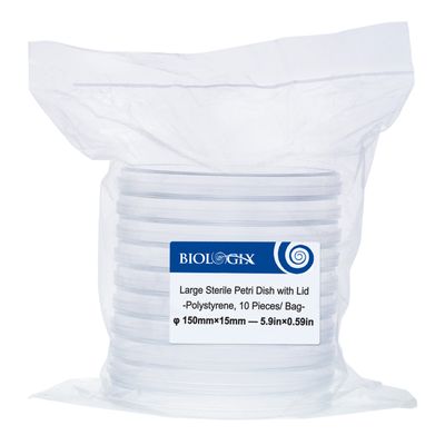 Biologix® Petri Dishes, PS, 150 x 15mm, with vented lid for Microbiology, DNase &amp; RNase free, Sterile, 10/Bag, 20 Bags/Case