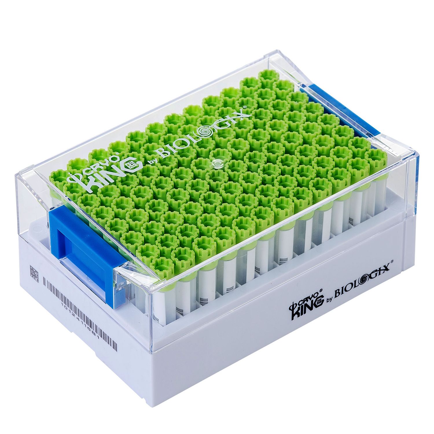 CryoKING SBS 1.4ml Vials Combo, External thread, Lime green Caps. 128*85*56mm. Sterile, 96 Vials + 1 Rack/ Set / Bag ,10 Bags/Pack , 2 Packs/Case
