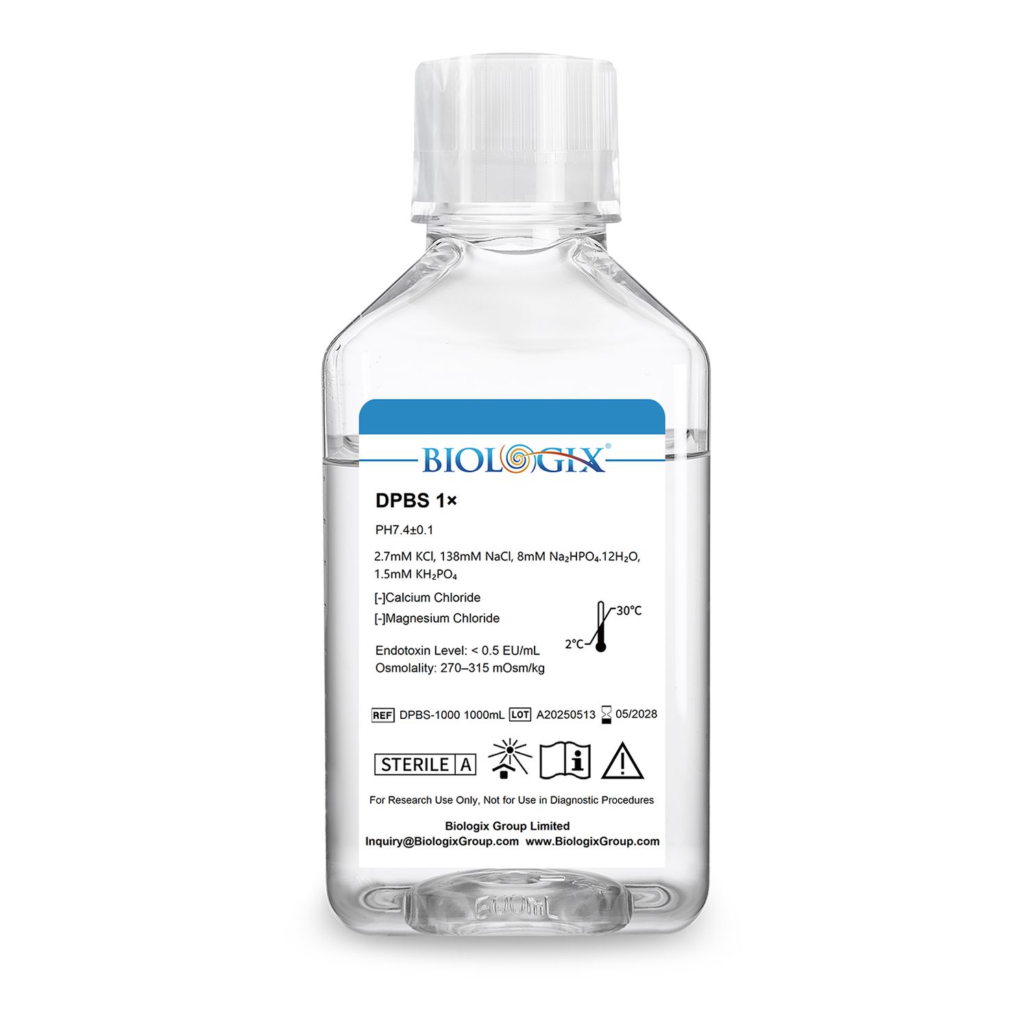 Biologix® DPBS buffer  (without Ca2+&amp;Mg2+) (1×), pH7.4, Sterile, Low Endotoxin, No phenol red, 1000mL/ Bottle, 6 Bottles/Case