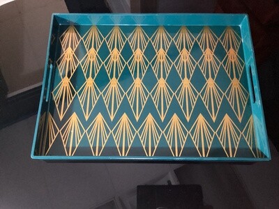Decorative Contemporary Teal Gold Tray (19”x14”)