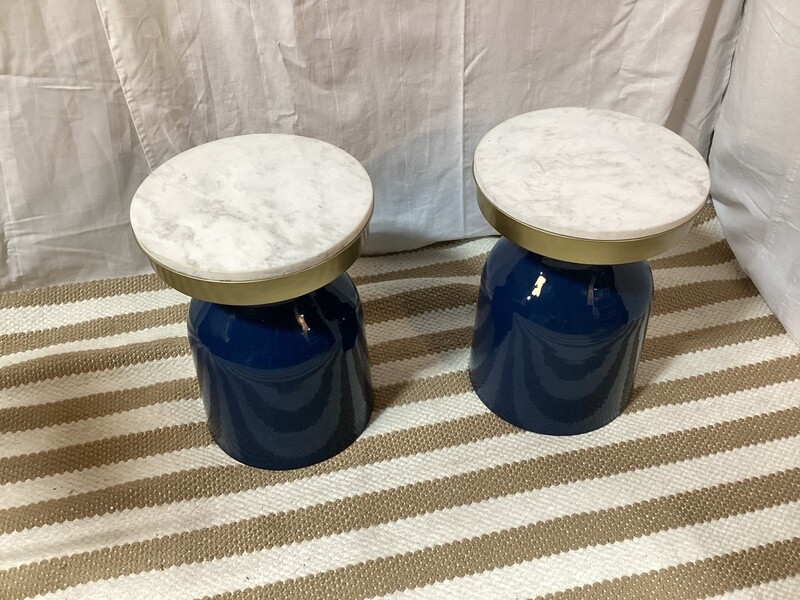 Set of 2 Blue metal side table with faux marble top