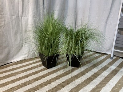 Faux grass in wood planter.