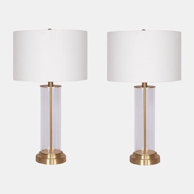 Set of 2 Glass,s/2,26&quot;h,clear Cylinder Table Lamps, Gold