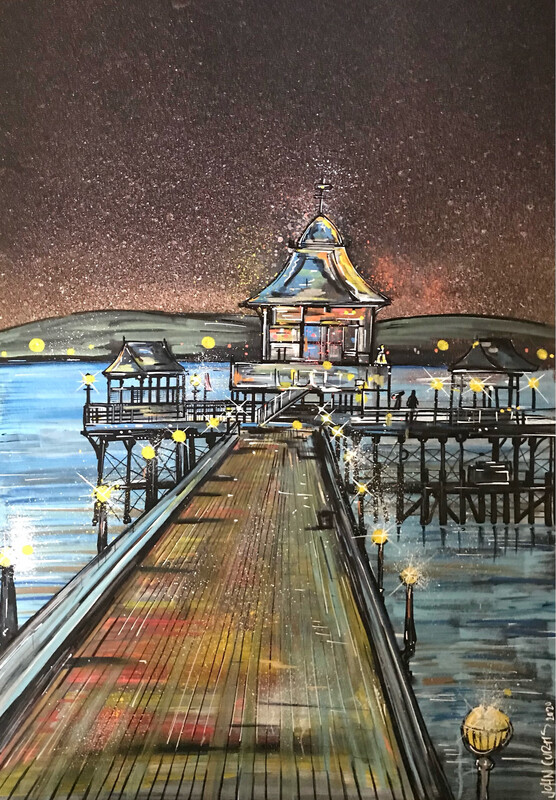 Clevedon Pier At Sunset - Original Painting On Card