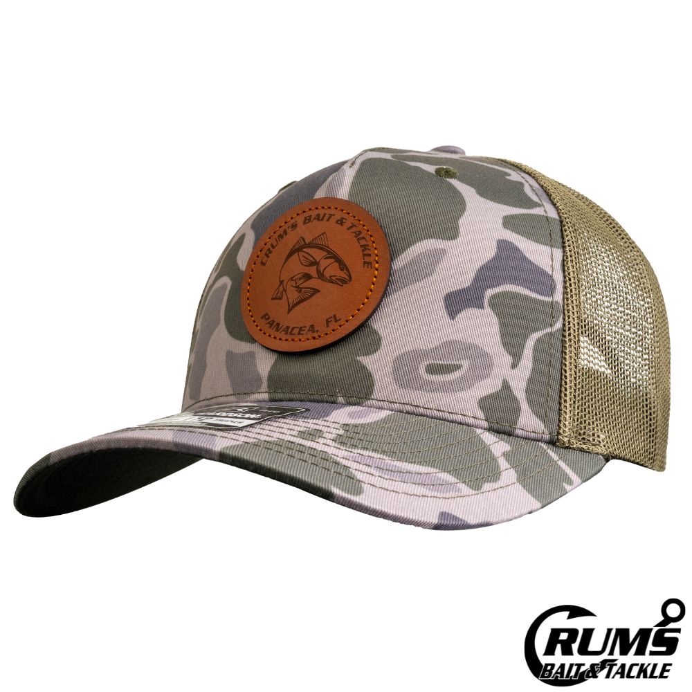 APPLIQUE - GENUINE LEATHER ETCHED REDFISH, COLOR: MARSH DUCK CAMO/LODEN