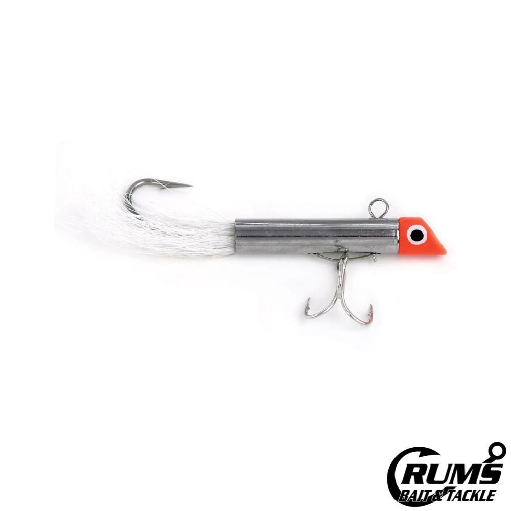 MINI PLUG WITH BUCKTAIL, Size: 1 3/4&quot; / 5/8OZ/#6 TREBLE &amp; 2/0 SGL HOOK, COLOR: RED CHROME / WHITE TAIL