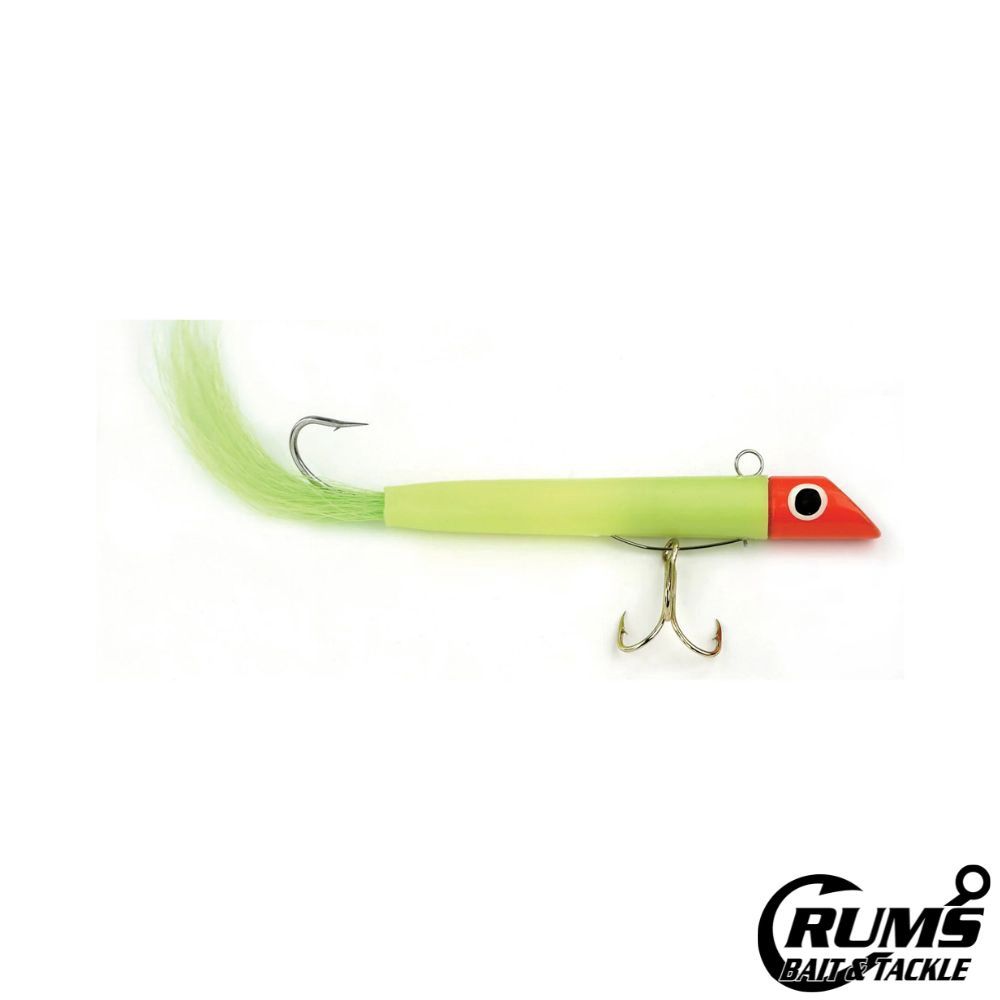 100 SERIES PLUG WITH BUCKTAIL, Size: 3&quot; / 1OZ /SZ4 TREBLE&amp; 2/0 SGL HOOK, COLOR: RED CHARTREUSE/CHARTREUSE TAIL