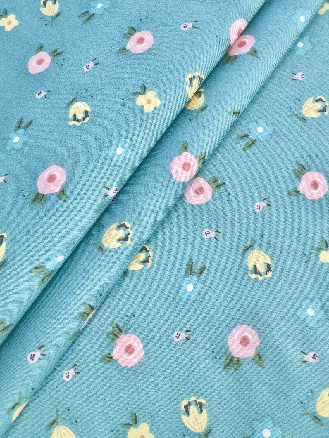Mercerised Cotton Satin printed flowers deep turquoise