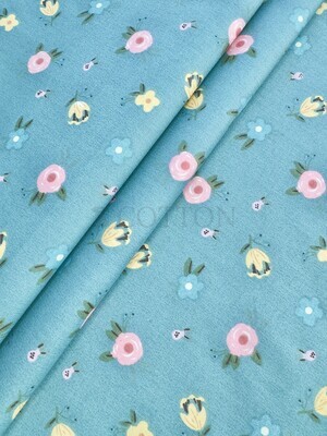 Mercerised Cotton Satin printed flowers deep turquoise