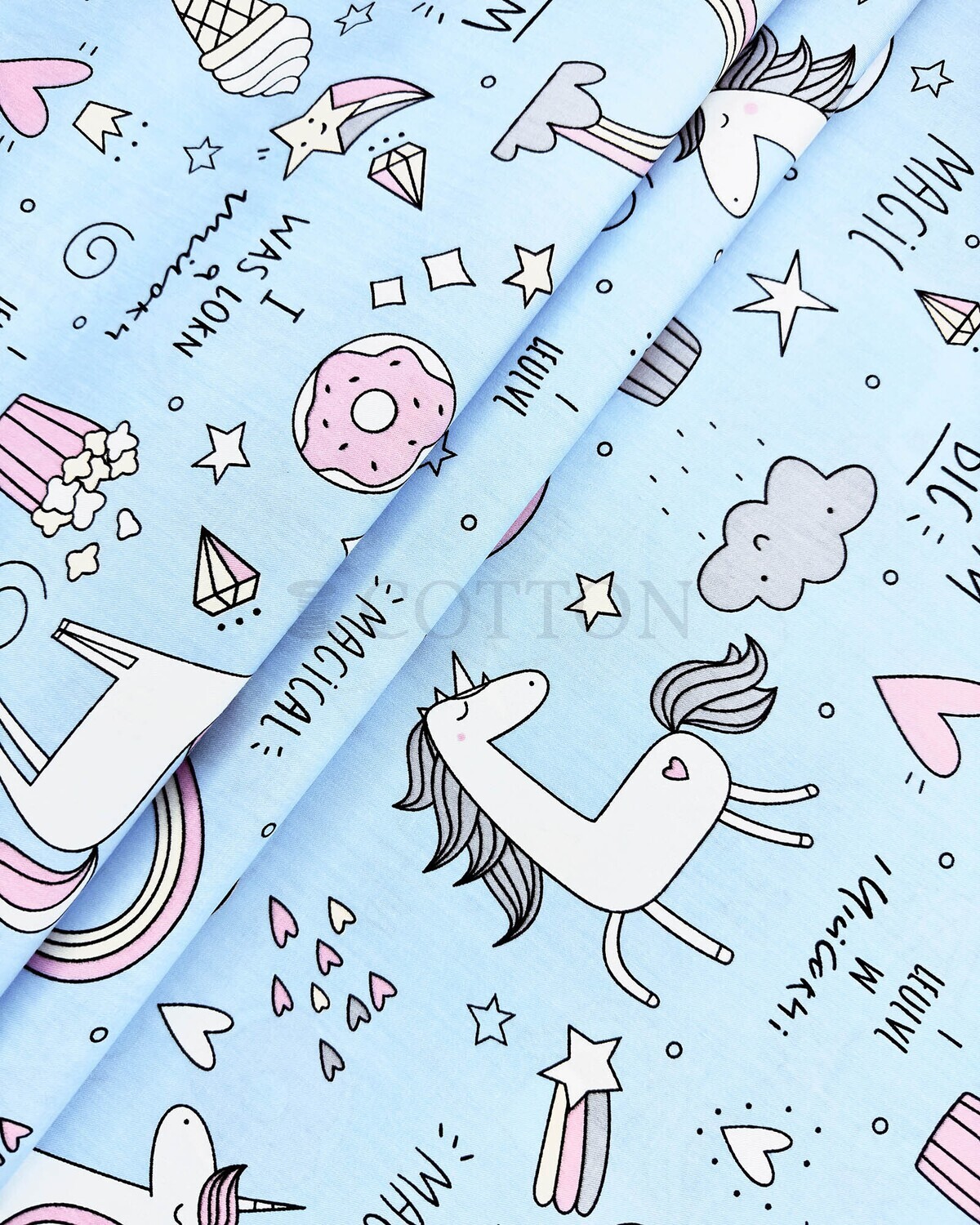 Mercerised Cotton Satin printed rainbow and unicorn