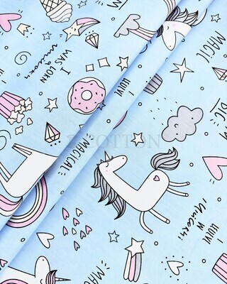 Mercerised Cotton Satin printed rainbow and unicorn