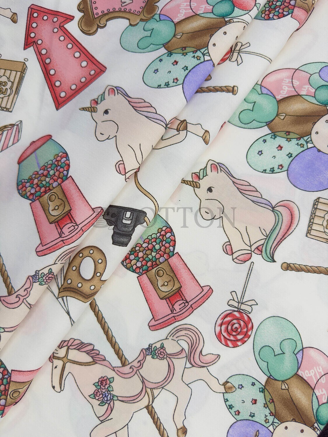 Mercerised Cotton Satin printеd kiddie ride off white