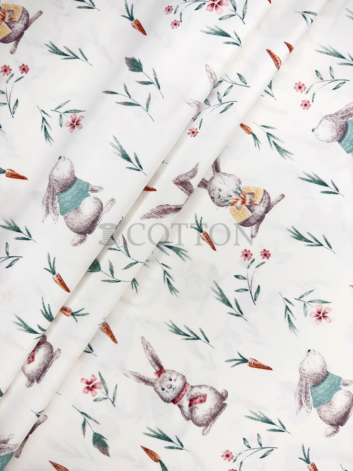 Mercerised Cotton Satin printеd bunny and carrot white