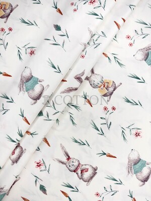 Mercerised Cotton Satin printеd bunny and carrot white