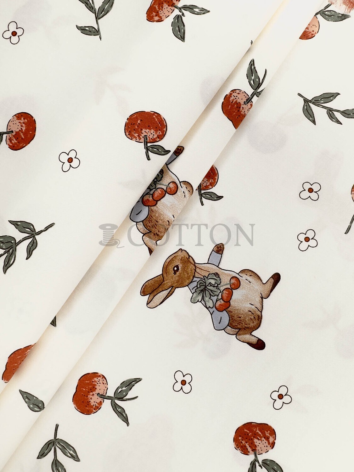 Mercerised Cotton Satin printed bunny and apple milky