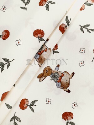 Mercerised Cotton Satin printed bunny and apple milky