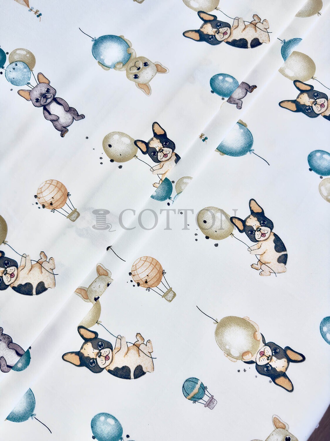 Mercerised Cotton Satin printed dog and balloon off white