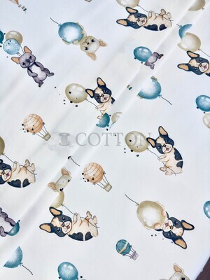 Mercerised Cotton Satin printed dog and balloon off white