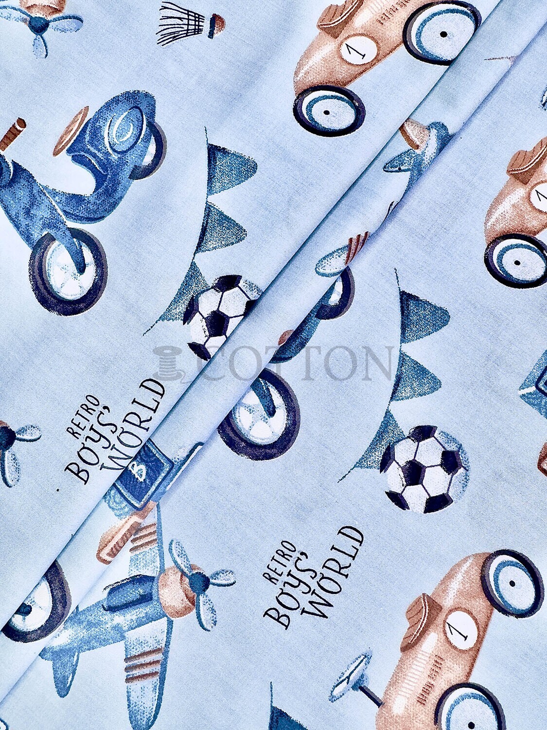 Mercerised Cotton Satin printed car motorcycle and airplane blue